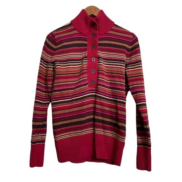 Eddie Bauer Women's Red Y2K Button Popover Striped Ribbed Sweater Medium - Picture 1 of 6